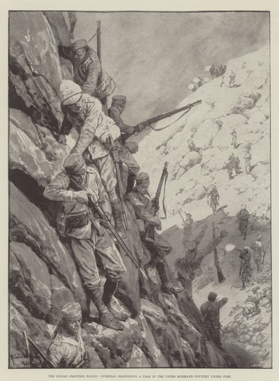 The Indian Frontier Rising, Gurkhas Descending a Pass in the Upper Mohmand Country under Fire by Richard Caton Woodville junior